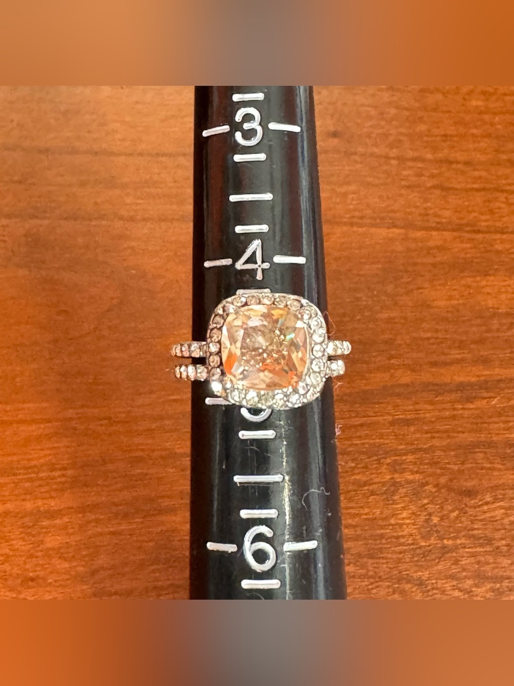 Vintage Inspired Peachy-Champagne Cushion Cut Halo Ring & Band - Size 5